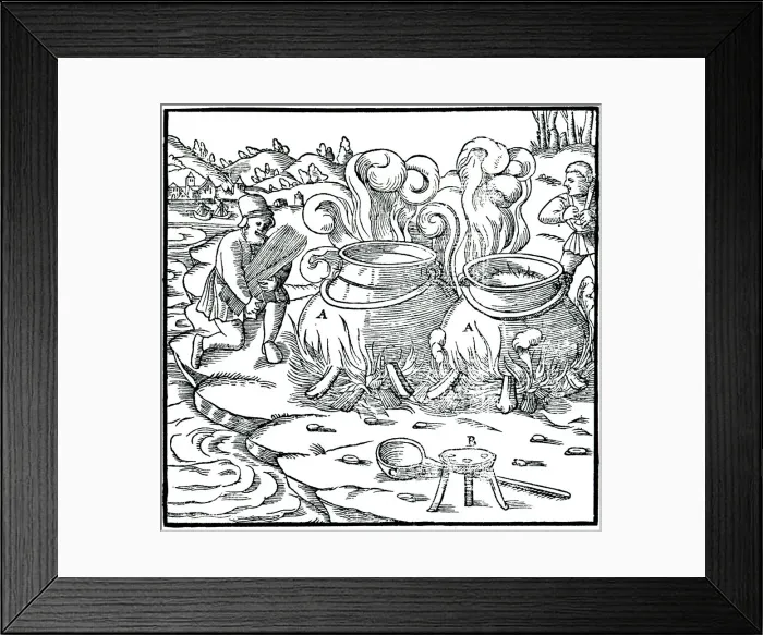 Framed Print : Evaporating sea water in iron pots to obtain salt, 1556 Framed Print : Evaporating sea water in iron pots to obtain salt, 1556