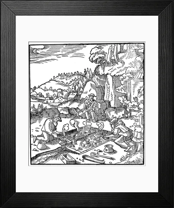 Framed Print : Evaporating pots of brine in a natural hot spring to obtain salt, 1556 Framed Print : Evaporating pots of brine in a natural hot spring to obtain salt, 1556