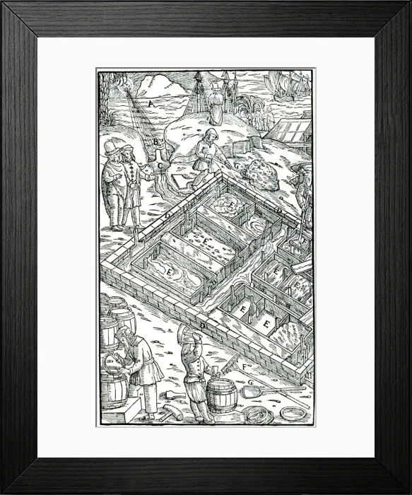 Framed Print : Producing salt by evaporating sea water in salt pans, 1556 Framed Print : Producing salt by evaporating sea water in salt pans, 1556