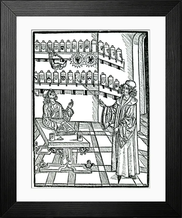 Framed Print : The apothecarys shop, Strasbourg, 1483. Artist: Johannis De Cuba Framed Print : The apothecarys shop, Strasbourg, 1483. Artist: Johannis De Cuba