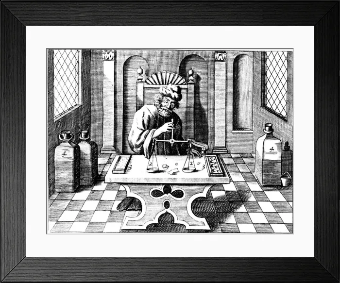 Framed Print : Assayer testing samples of gold or silver using a balance, 1683. Artist: Lazarus Ercker Framed Print : Assayer testing samples of gold or silver using a balance, 1683. Artist: Lazarus Ercker