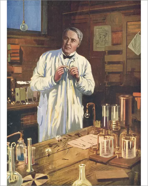 Thomas Edison, American inventor, in his laboratory, Menlo Park, New Jersey, USA, 1870s (1920s)
