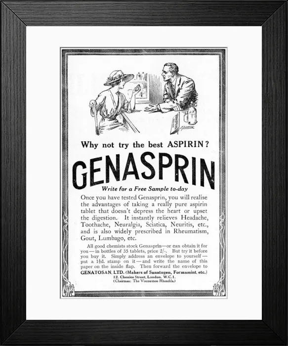 Framed Print : Advertisement for Genasprin, a proprietary brand of the drug Aspirin. 1919 Framed Print : Advertisement for Genasprin, a proprietary brand of the drug Aspirin. 1919
