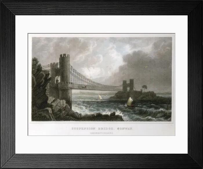 Framed Print : Suspension bridge over the Conwy estuary, Wales, c1840 Framed Print : Suspension bridge over the Conwy estuary, Wales, c1840