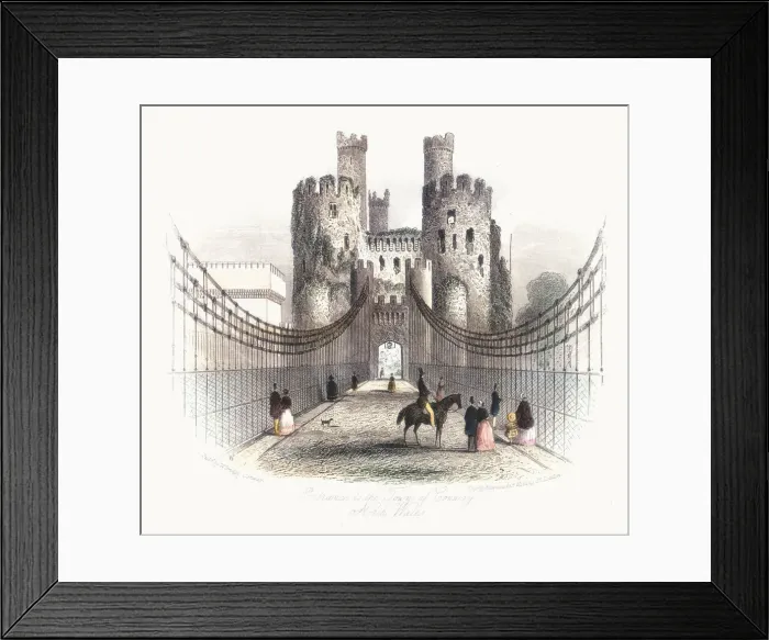Framed Print : Suspension bridge over the Conwy estuary, Wales, c1840. Artist: Newman & Co Framed Print : Suspension bridge over the Conwy estuary, Wales, c1840. Artist: Newman & Co