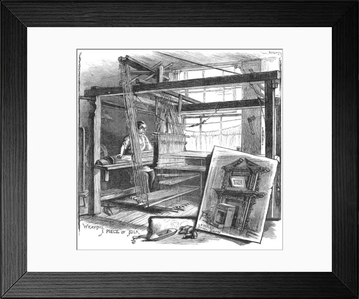 Framed Print : A Spitalfields silk weaver at his hand loom, 1884 Framed Print : A Spitalfields silk weaver at his hand loom, 1884