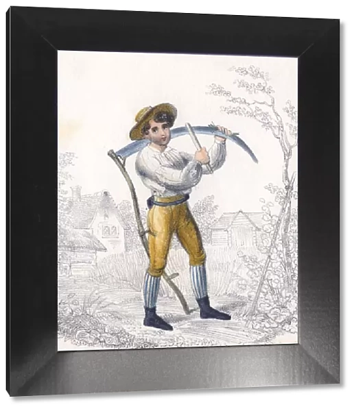 Reaper  /  haymaker sharpening his scythe with a whetstone, 19th century