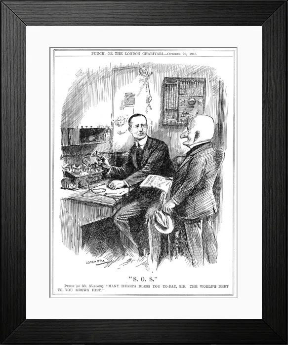 Framed Print : Mr Punch thanking Marconi for wireless telegraphy which was saving lives at sea, 1913. Artist: Leonard Raven-Hill Framed Print : Mr Punch thanking Marconi for wireless telegraphy which was saving lives at sea, 1913. Artist: Leonard Raven-Hill