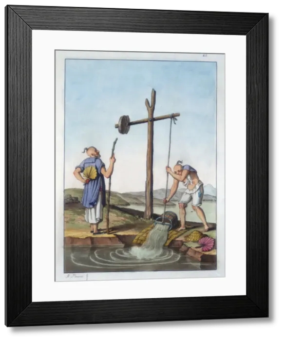 Framed Print : Raising water by means of a shaduf, China, 1825-1835 Framed Print : Raising water by means of a shaduf, China, 1825-1835