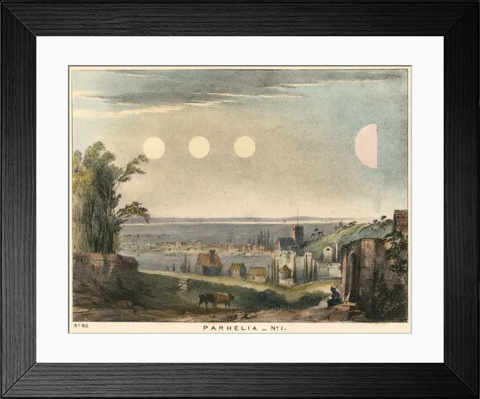 Framed Print : Parhelia (mock suns) without haloes, observed in England in 1698, (1845) Framed Print : Parhelia (mock suns) without haloes, observed in England in 1698, (1845)