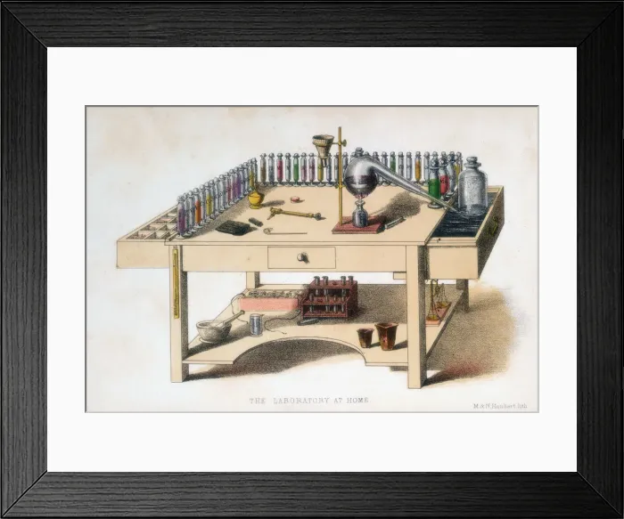 Framed Print : The amateur chemists laboratory bench, 1860. Artist: M & N Hanhart Framed Print : The amateur chemists laboratory bench, 1860. Artist: M & N Hanhart