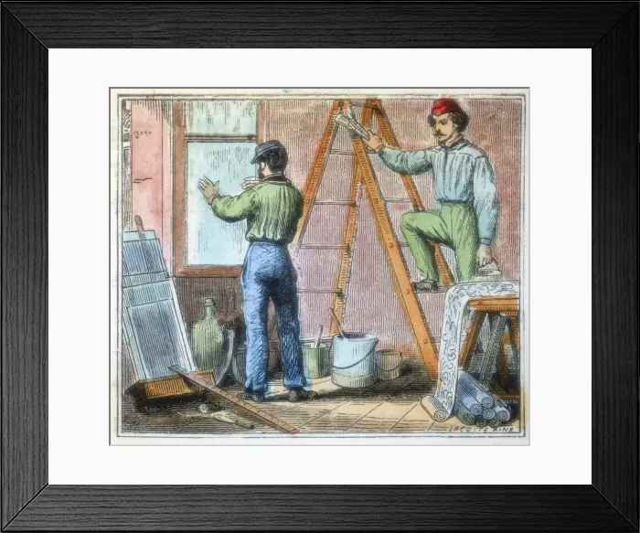 Framed Print : Glazier and wallpaper hanger working in a house, 1867 Framed Print : Glazier and wallpaper hanger working in a house, 1867