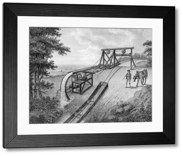 Framed Print : Inclined plane powered by water wheel in used on a canal, 1796 Framed Print : Inclined plane powered by water wheel in used on a canal, 1796
