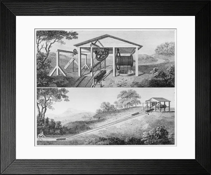 Framed Print : Double inclined plane for moving tub boats from one level to another on a canal, 1796 Framed Print : Double inclined plane for moving tub boats from one level to another on a canal, 1796