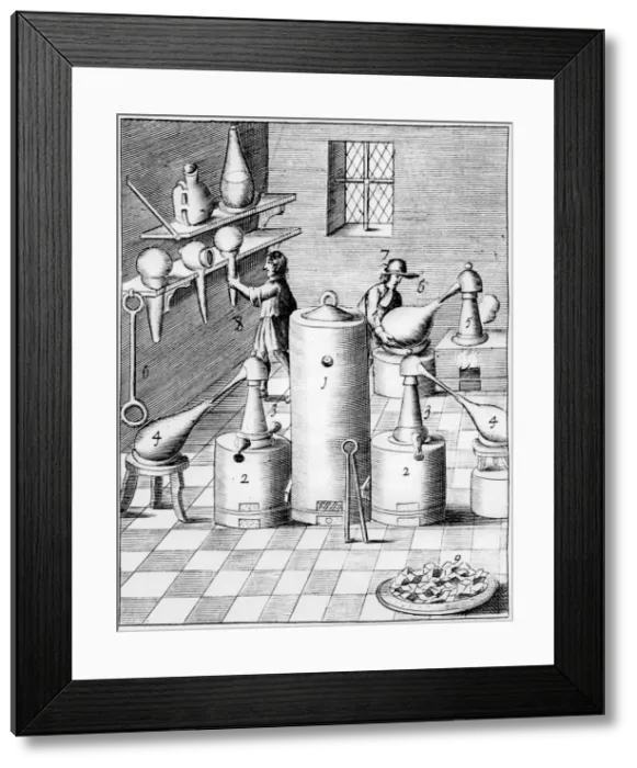 Framed Print : Laboratory for refining gold and silver, showing typical laboratory equipment, 1683 Framed Print : Laboratory for refining gold and silver, showing typical laboratory equipment, 1683