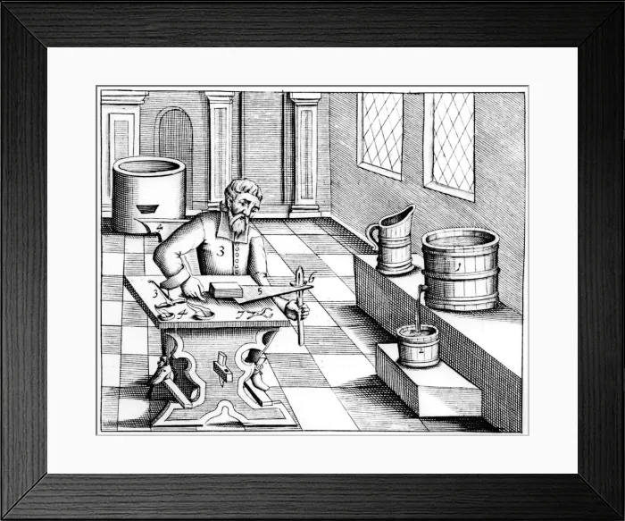 Framed Print : Checking the quality of saltpetre (nitre, potassium nitrate, or KN03), 1683 Framed Print : Checking the quality of saltpetre (nitre, potassium nitrate, or KN03), 1683