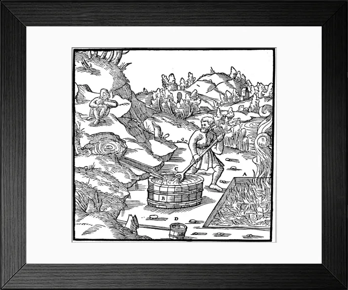 Framed Print : Producing salt by evaporating natural brine by pouring it into a pit of burning charcoal, 1556 Framed Print : Producing salt by evaporating natural brine by pouring it into a pit of burning charcoal, 1556