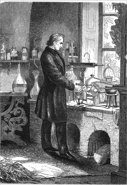 Justus von Liebig, German chemist, at work in his laboratory, mid 19th century (c1885)