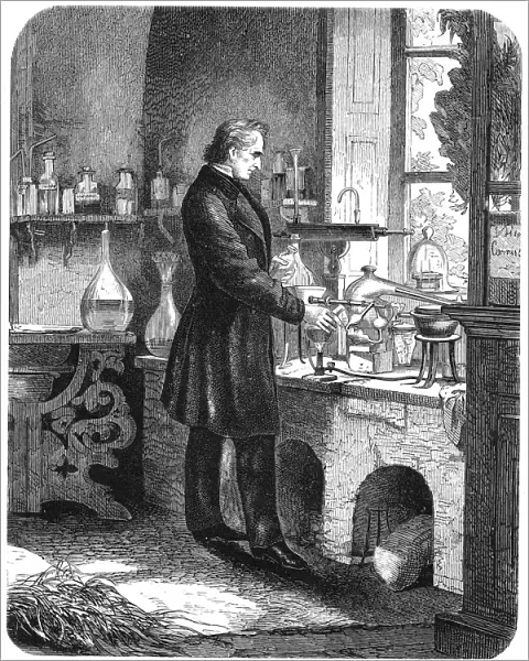 Justus von Liebig, German chemist, at work in his laboratory, mid 19th century (c1885)