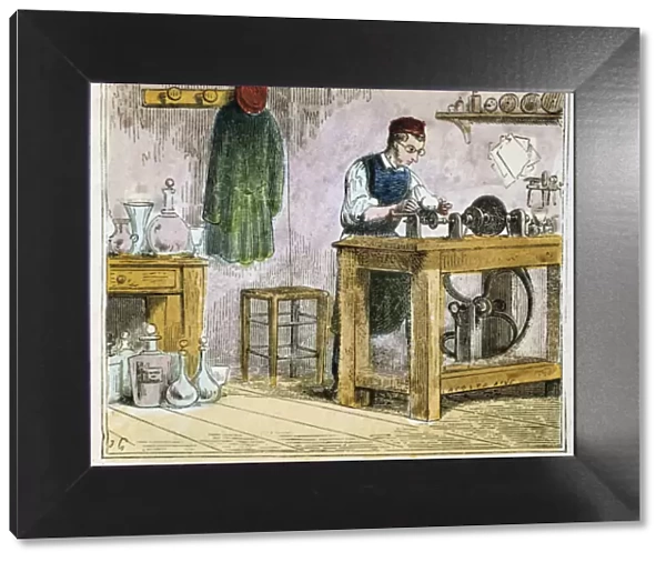 Glass cutter decorating table ware on a carborundum wheel, 1867