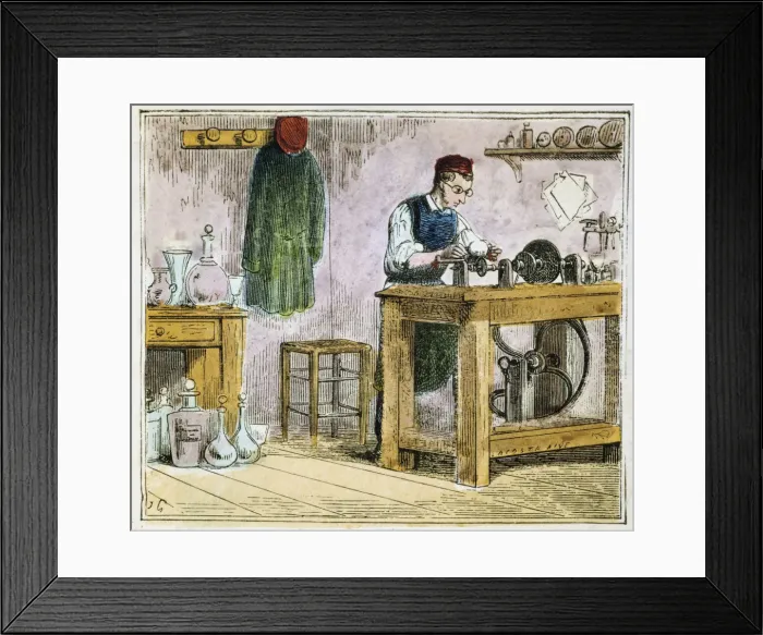 Framed Print : Glass cutter decorating table ware on a carborundum wheel, 1867 Framed Print : Glass cutter decorating table ware on a carborundum wheel, 1867