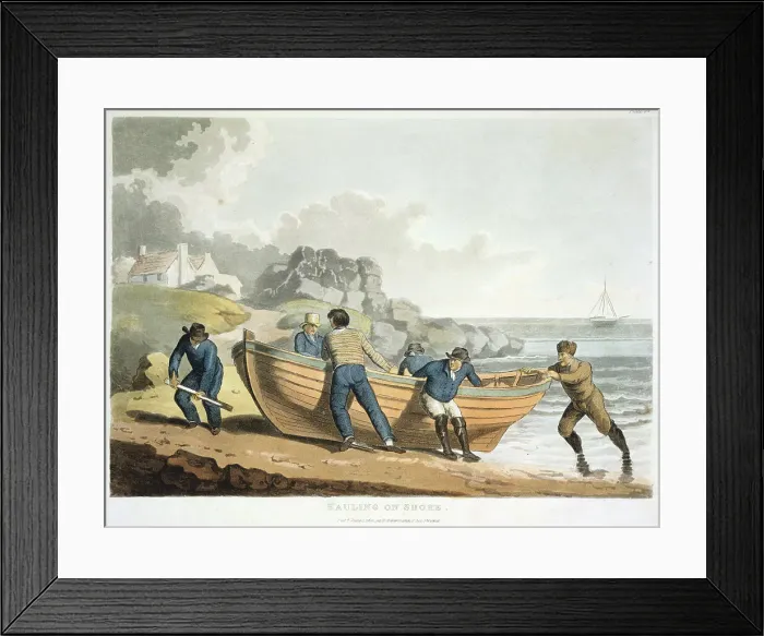 Framed Print : Seamen hauling a clinker-built dinghy up onto the shore, 1821 Framed Print : Seamen hauling a clinker-built dinghy up onto the shore, 1821
