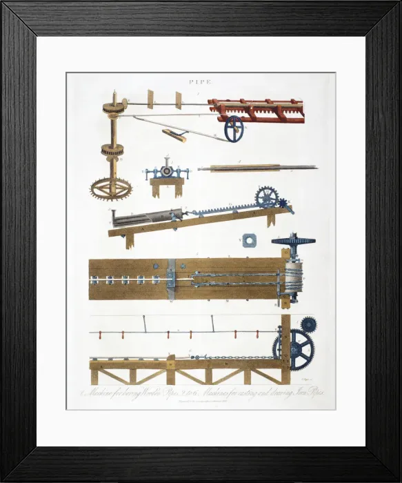 Framed Print : Boring wooden pipes, and casting and drawing iron pipes, c1825 Framed Print : Boring wooden pipes, and casting and drawing iron pipes, c1825