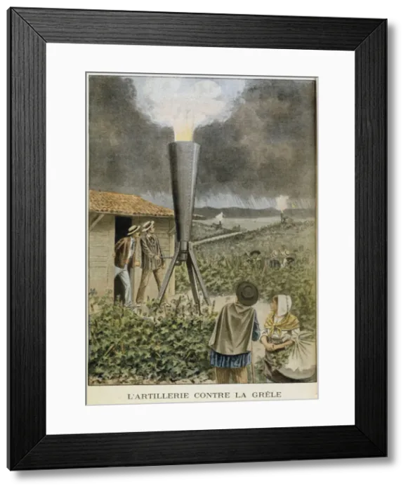 Framed Print : Firing a cannon into clouds to prevent a hail storm, 1901 Framed Print : Firing a cannon into clouds to prevent a hail storm, 1901
