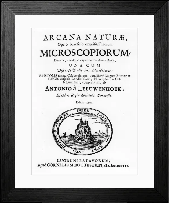 Framed Print : Title page of Microscopium by Dutch microscopist Anton van Leeuwenhoek, 1708 Framed Print : Title page of Microscopium by Dutch microscopist Anton van Leeuwenhoek, 1708