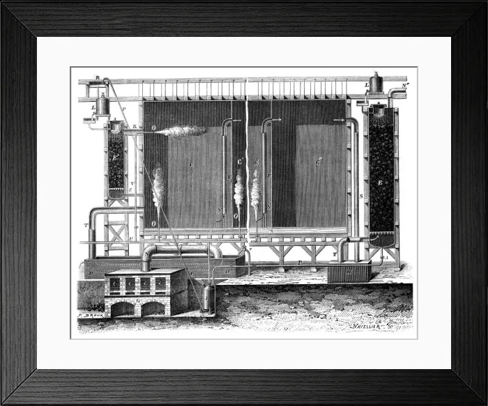 Framed Print : Sectional view of Gay-Lussacs lead chambers and absorption towers, 1870 Framed Print : Sectional view of Gay-Lussacs lead chambers and absorption towers, 1870