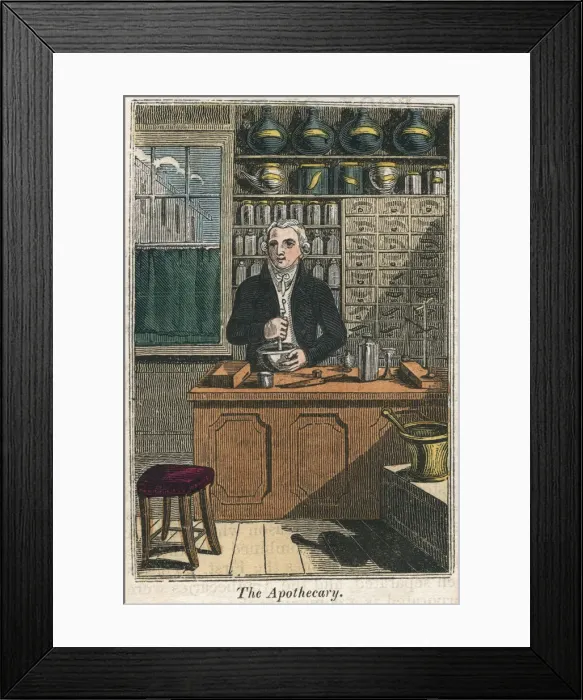 Framed Print : The apothecary using pestle and mortar to prepare drugs, 1823 Framed Print : The apothecary using pestle and mortar to prepare drugs, 1823