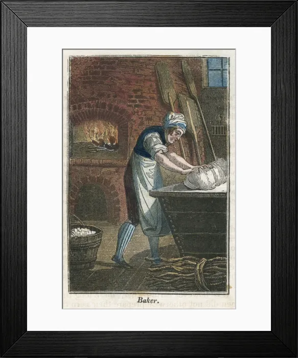 Framed Print : The baker kneading dough on the lid of a flour bin, 1823 Framed Print : The baker kneading dough on the lid of a flour bin, 1823