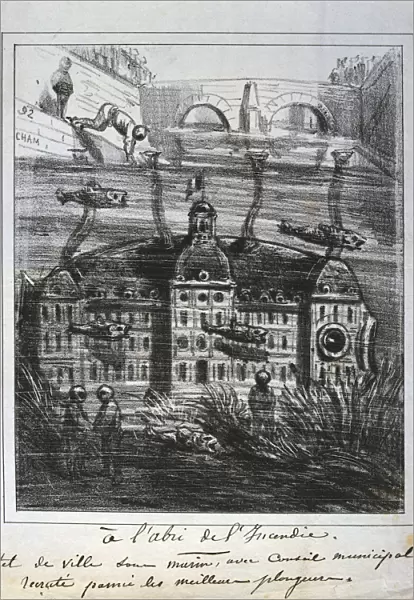Cartoon proposal to rebuild the Hotel de Ville under water to prevent fire, Paris Commune, 1871