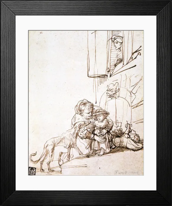 Framed Print : Woman with a Child Afraid of a Dog, 17th century. Artist: Rembrandt Harmensz van Rijn Framed Print : Woman with a Child Afraid of a Dog, 17th century. Artist: Rembrandt Harmensz van Rijn