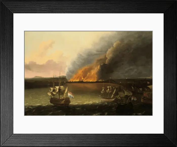 Framed Print : Seascape with a fire in the distance, 1667. Artist: Ludolf Backhuysen I Framed Print : Seascape with a fire in the distance, 1667. Artist: Ludolf Backhuysen I