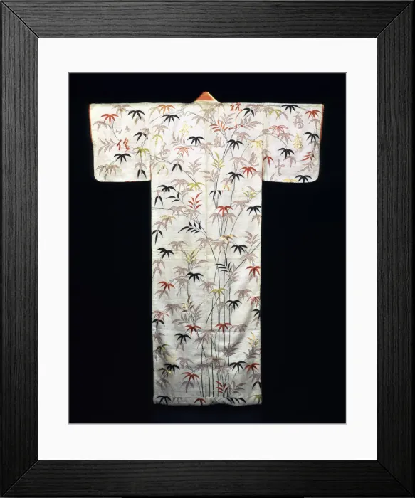 Framed Print : Embroidered white satin ladies kimono, Japanese, Edo period, 1600-1867 Framed Print : Embroidered white satin ladies kimono, Japanese, Edo period, 1600-1867