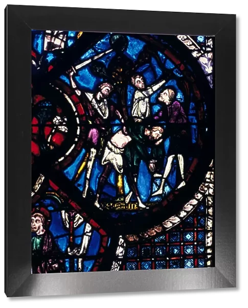 The pilgrim attacked by thieves, stained glass, Chartres Cathedral, France, 1205-1215
