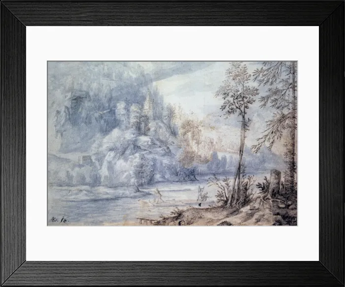 Framed Print : Edge of River with Raft, 17th century. Artist: Paulus van Vianen II Framed Print : Edge of River with Raft, 17th century. Artist: Paulus van Vianen II