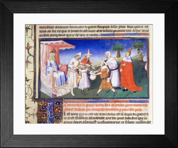 Framed Print : Kublai Khan paying for purchases, c1280s, (early 15th century). Artist: Master of Boucicaut Framed Print : Kublai Khan paying for purchases, c1280s, (early 15th century). Artist: Master of Boucicaut