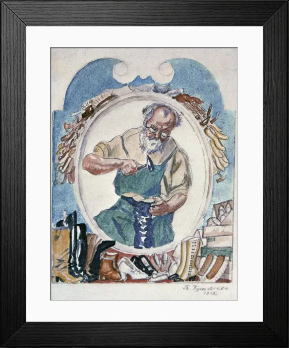 Framed Print : The Cobbler, 1918. Artist: Boris Mikhajlovich Kustodiev Framed Print : The Cobbler, 1918. Artist: Boris Mikhajlovich Kustodiev