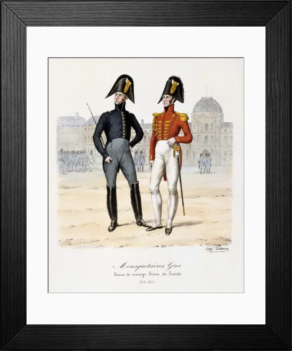 Framed Print : Mousquetaires Gris, Tenue de Manege and Tenue de Societe, 1814-15. Artist: Eugene Titeux Framed Print : Mousquetaires Gris, Tenue de Manege and Tenue de Societe, 1814-15. Artist: Eugene Titeux