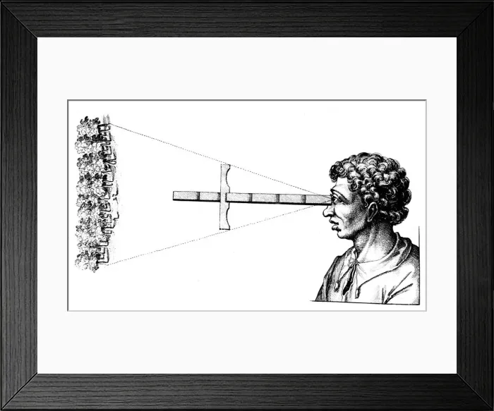 Framed Print : Finding the angular distance between two edges of a wood using a cross-staff, 1617-1619 Framed Print : Finding the angular distance between two edges of a wood using a cross-staff, 1617-1619