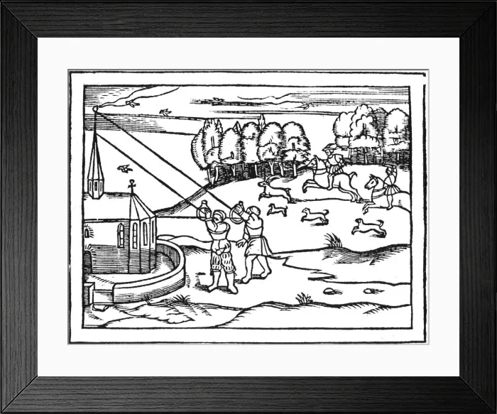 Framed Print : Using astrolabes to calculate the height of a steeple, 1539. Artist: Petrus Apianus Framed Print : Using astrolabes to calculate the height of a steeple, 1539. Artist: Petrus Apianus