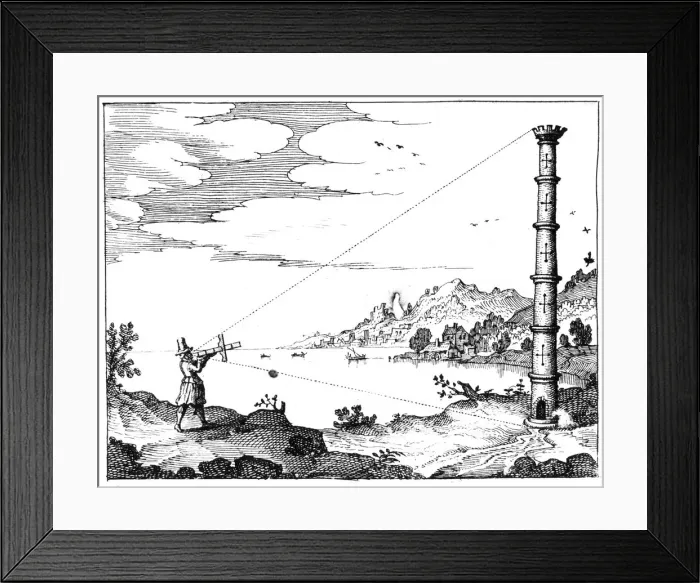 Framed Print : Using a cross-staff to measure the height of a tower, 1617-1619 Framed Print : Using a cross-staff to measure the height of a tower, 1617-1619