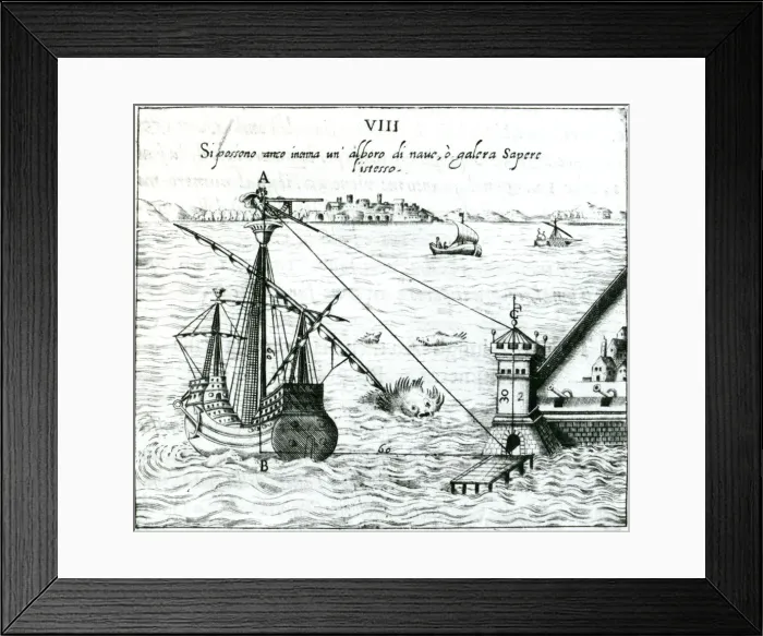 Framed Print : Measuring the distance from ship to shore, using a quadrant marked with shadow-scales, 1598 Framed Print : Measuring the distance from ship to shore, using a quadrant marked with shadow-scales, 1598