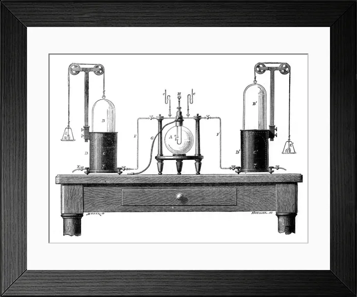 Framed Print : Antoine Lavoisiers apparatus for synthesizing water from hydrogen (left) and oxygen (right), 1881 Framed Print : Antoine Lavoisiers apparatus for synthesizing water from hydrogen (left) and oxygen (right), 1881