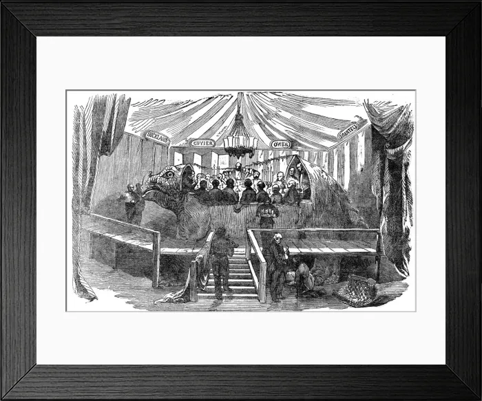Framed Print : Naturalists dining inside a model of a dinosaur, Crystal Palace, Sydenham, New Years Eve, 1853 Framed Print : Naturalists dining inside a model of a dinosaur, Crystal Palace, Sydenham, New Years Eve, 1853