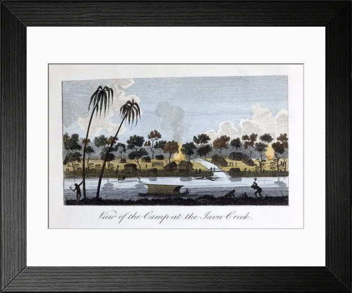 Framed Print : View of the Camp at the Java Creek, 1813. Artist: John Gabriel Stedman Framed Print : View of the Camp at the Java Creek, 1813. Artist: John Gabriel Stedman