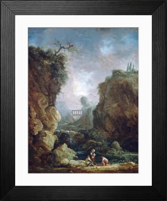 Framed Print : Landscape with Waterfall and Aqueduct, c1750-1808. Artist: Robert Hubert Framed Print : Landscape with Waterfall and Aqueduct, c1750-1808. Artist: Robert Hubert