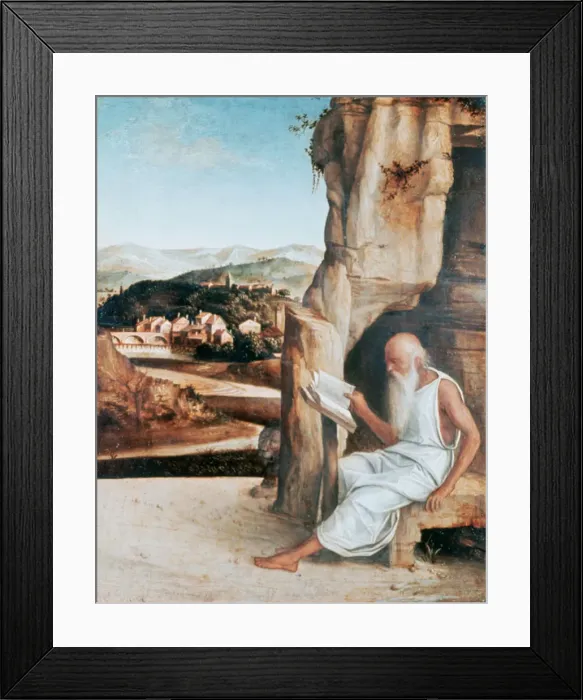 Framed Print : St Jerome Reading in a Landscape, c1450-1516. Artist: Giovanni Bellini Framed Print : St Jerome Reading in a Landscape, c1450-1516. Artist: Giovanni Bellini